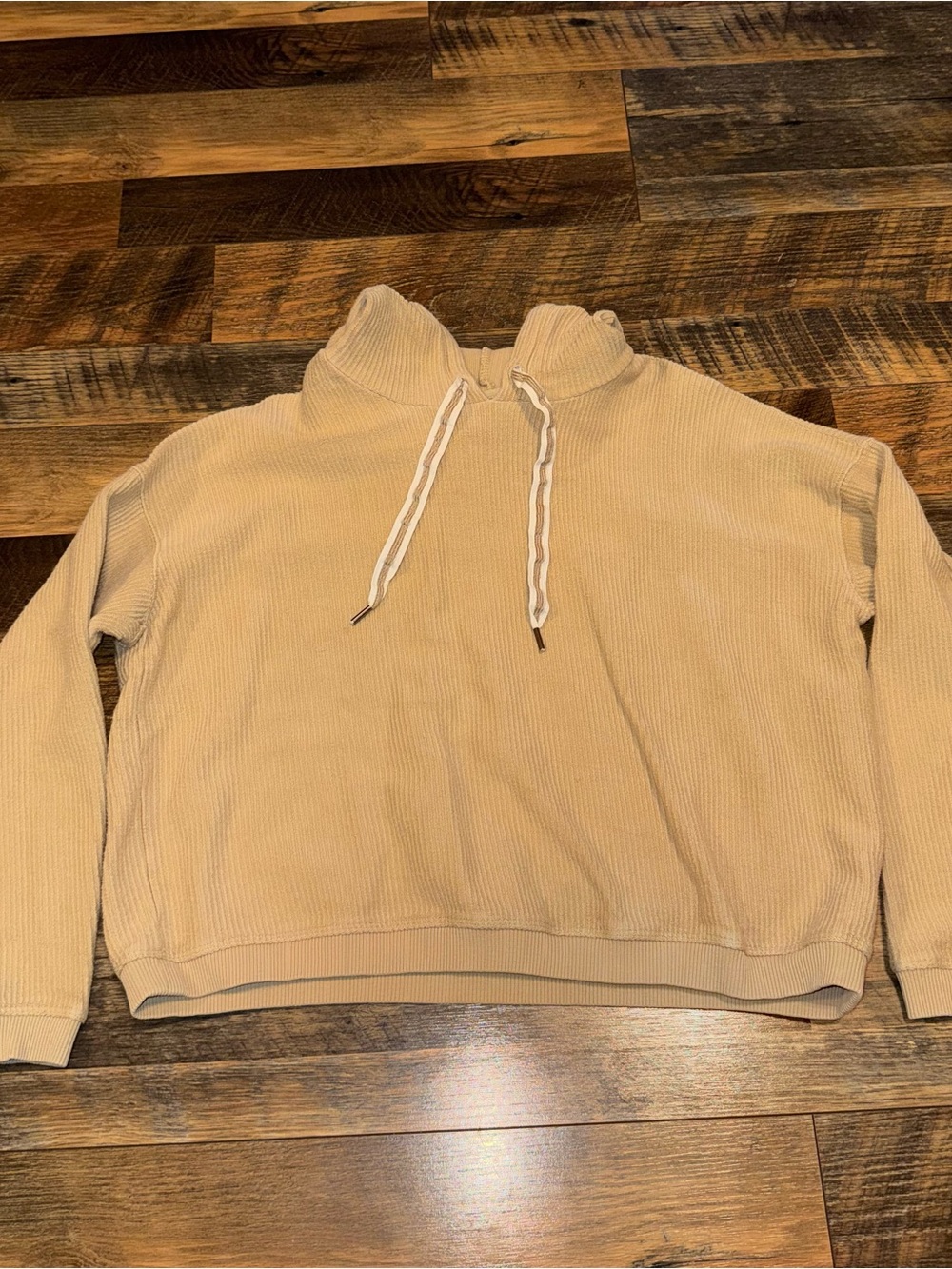 aerie Beige Ribbed Mock Neck Pullover Cropped Hoodie